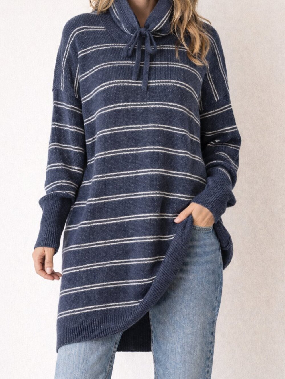Prana Milani Blue White Stripe Cotton Wool Blend Waffle Knit Tunic Dress M Cozy